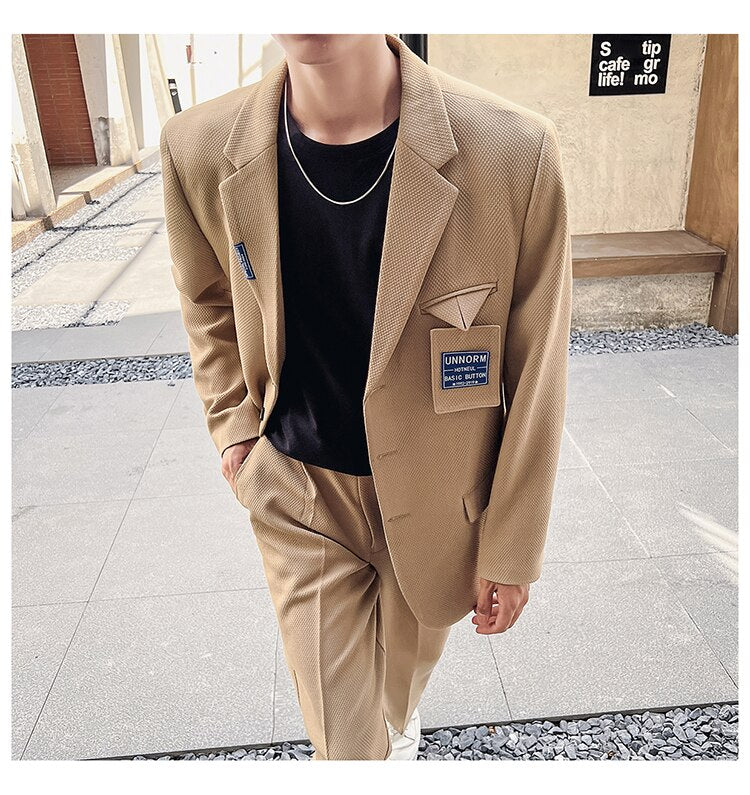 Bonsir Mens Suits Sets Jacket Pant Men Korean Streetwear Office Fashion Loose Casual Blazer Suit Jacket Pant Chic Trend Dress Suits