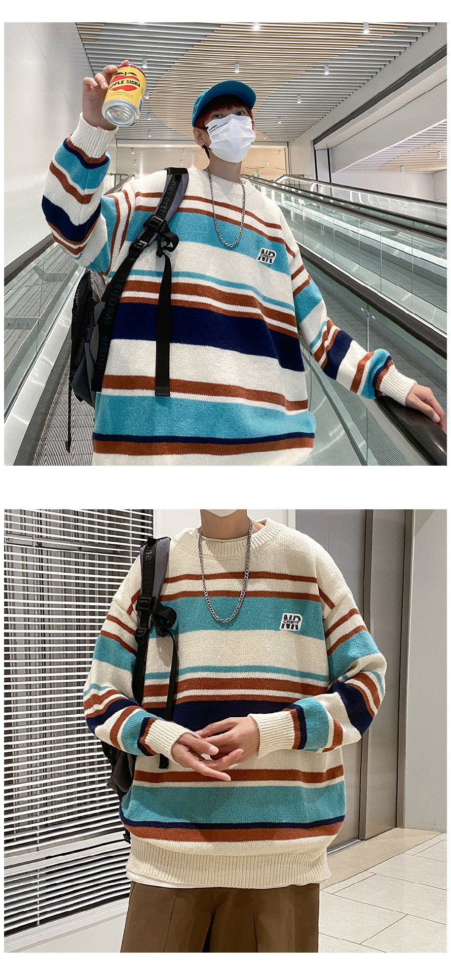 Bonsir Stripe Contrast Sweater Men's Autumn and Winter Fashion Brand Trendy Loose Round Neck Pullover Knitwear Sweater Coat