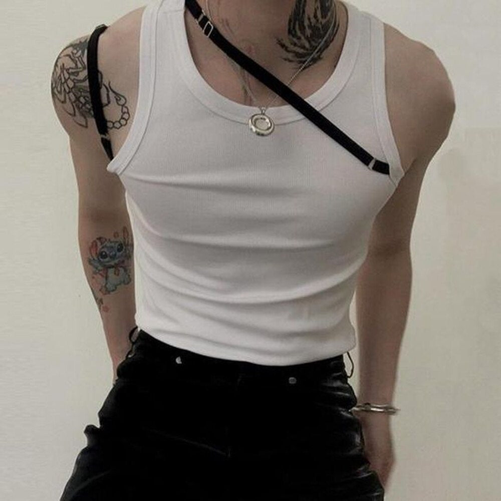 Bonsir Elastic Slim Fit T-shirt Inside Tank Tops Men's Sling Irregular Strap Tight Vest White Inner Wear Sexy Sleeveless Tee Genderless