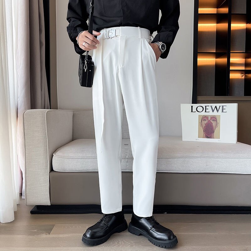 Bonsir Asymmetric Metal Belt Men's Casual Pants Straight-leg Solid Color Brand Fashion Male Ankle Baggy Trousers Clothing