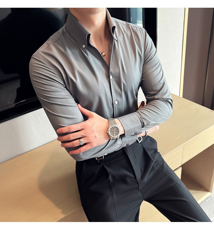 Bonsir British Style Striped Shirts Men V Collar Long Sleeve Casual Shirt Male Business Formal Dress Shirts Social Party Blouse