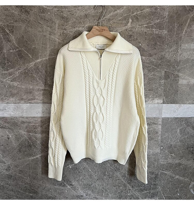 Bonsir High Quality Large Lapel Pullover Sweater Black White Coarse Zipper Knitted Sweater For Men Pull Homme Men Winter Sweater Brand