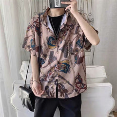 Bonsir Vintage Pattern Print Shirt Men Fashion Short Sleeve Button-down Lapel Shirts Mens Clothing Summer Casual Top For Man Streetwear