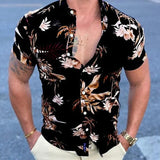 Bonsir Fashion Floral Printed Short Sleeve Shirts Men Spring Summer Casual Loose Turn-down Collar Buttoned Cardigan Shirt Men's Clothes