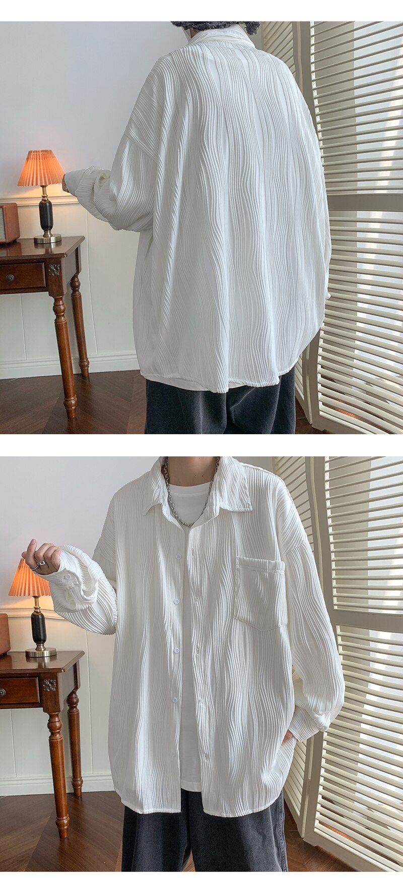 Bonsir Autumn Pleated Shirt Men Fashion 4-color Casual Ice Silk Shirt Mens Japanese Loose Long-sleeved Shirt Mens Large Size M-5XL