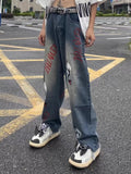 Bonsir Vibe Style Skull Letter Print Punk Men Baggy Jeans Pants Y2K Hombre Straight Loose Hip Hop Denim Trousers Pantalon Homme