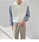 Bonsir Men's Loose Knit Stitched Long Sleeve Stripe Shirts Fashion Trend Lapel Collar Black/white/khaki Color Shirts Size S-XL