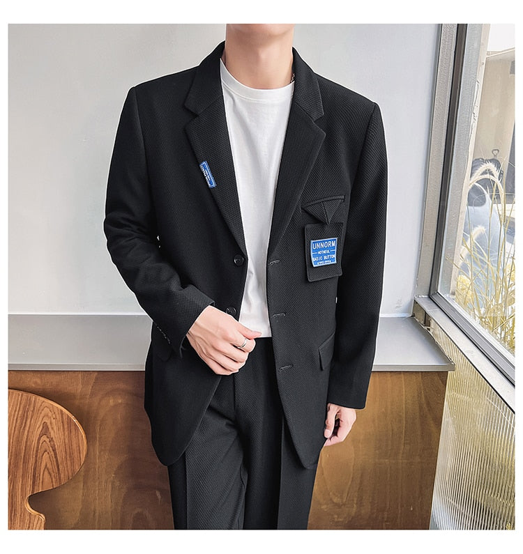 Bonsir Mens Suits Sets Jacket Pant Men Korean Streetwear Office Fashion Loose Casual Blazer Suit Jacket Pant Chic Trend Dress Suits