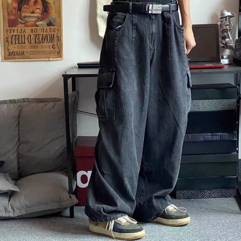 Bonsir Baggy Jeans Trousers Male Denim Pants Black Wide Leg Pants Men Jeans Oversize Cargo Korean Streetwear Hip Hop Harajuku