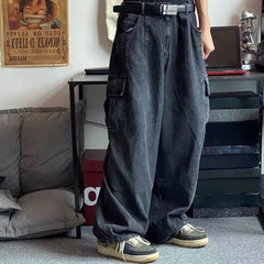 Bonsir Baggy Jeans Trousers Male Denim Pants Black Wide Leg Pants Men Jeans Oversize Cargo Korean Streetwear Hip Hop Harajuku