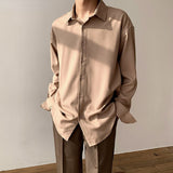 Bonsir Solid Color High-grade Silky Drape Khaki Long Sleeve Shirt for Men Loose Solid Color Wild Casual Button Up Shirt Korean Clothes