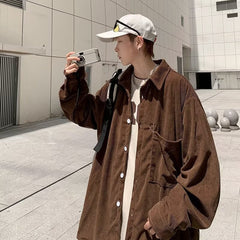 Bonsir Autumn Brown Corduroy Shirts Men Fashion Retro Pocket Casual Shirts Mens Japanese Streetwear Loose Long Sleeve Shirts Men M-2XL