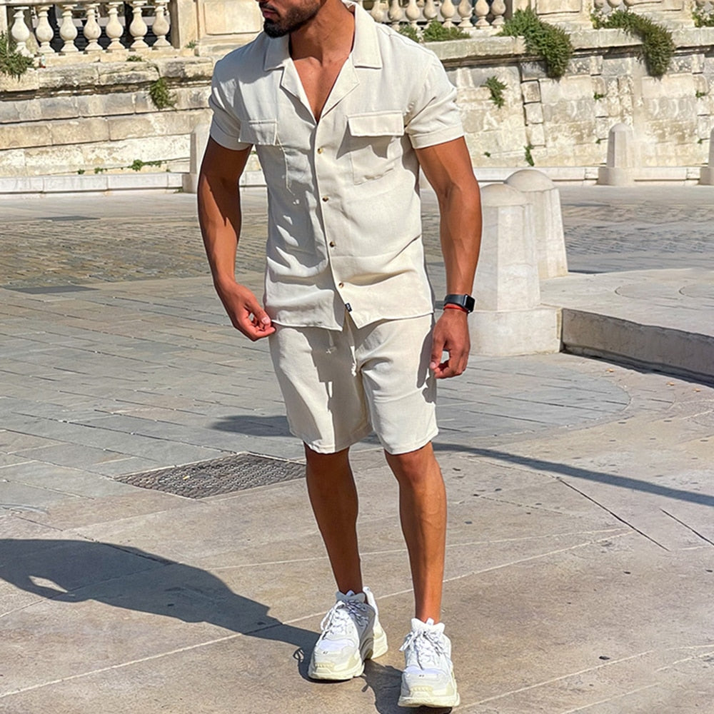 Bonsir Casual Suit Men's Wide Short-sleeved Shirt Two-piece Casual Shorts Summer New Holiday Fashion Lapel Short-sleeved Top Suit