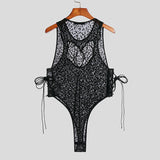 Bonsir Men Bodysuits Hollowout New Sexy Mesh Transparent Lace Up Rompers Sleeveless Playsuit Underwear LGBT Erotic Lingerie Romper