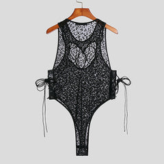 Bonsir Men Bodysuits Hollowout New Sexy Mesh Transparent Lace Up Rompers Sleeveless Playsuit Underwear LGBT Erotic Lingerie Romper