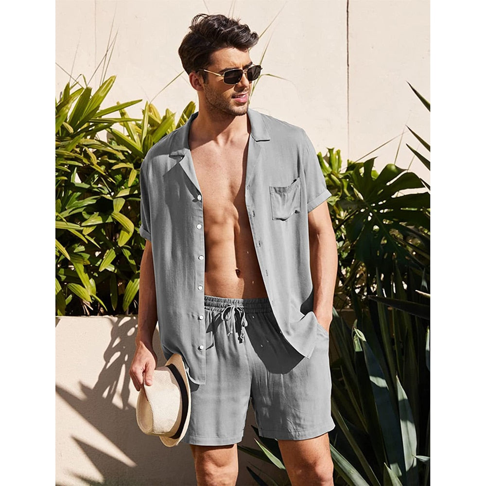 Bonsir Summer Cotton and Linen Men Suit Short Sleeve Shorts Solid High Quality 2 Piece Beach Outdoor Travel Casual Breathable  Blazer