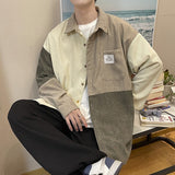 Bonsir Corduroy Shirt Men Vintage Splicing Top Oversized Long Sleeves Blouse Trend Fashion Streetwear Spring Autumn Y2K Male Clothes