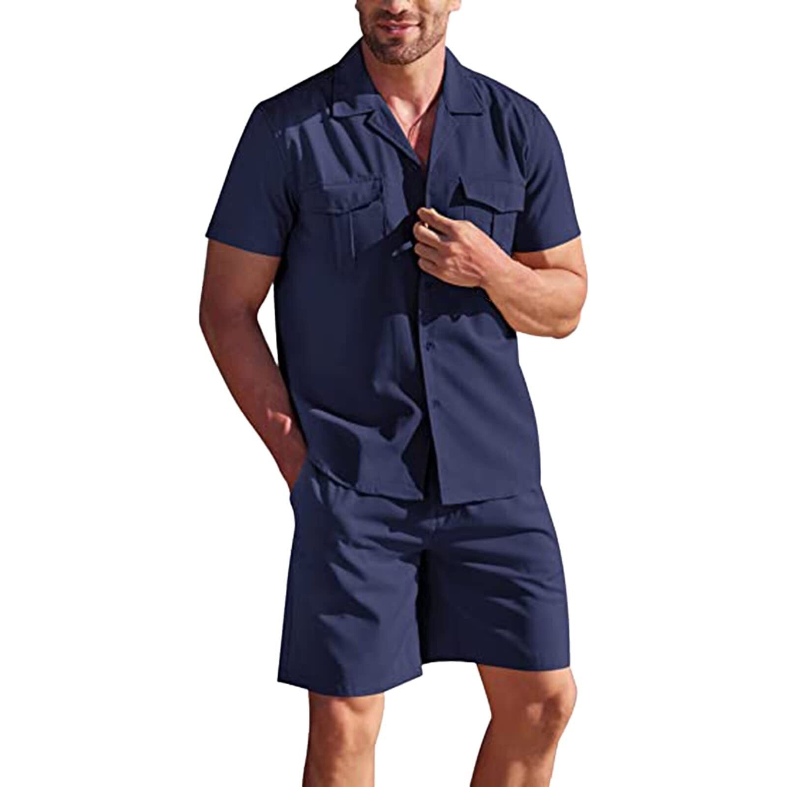 Bonsir Men's Loose Casual Cotton Linen Short Sleeve Shirt + Shorts