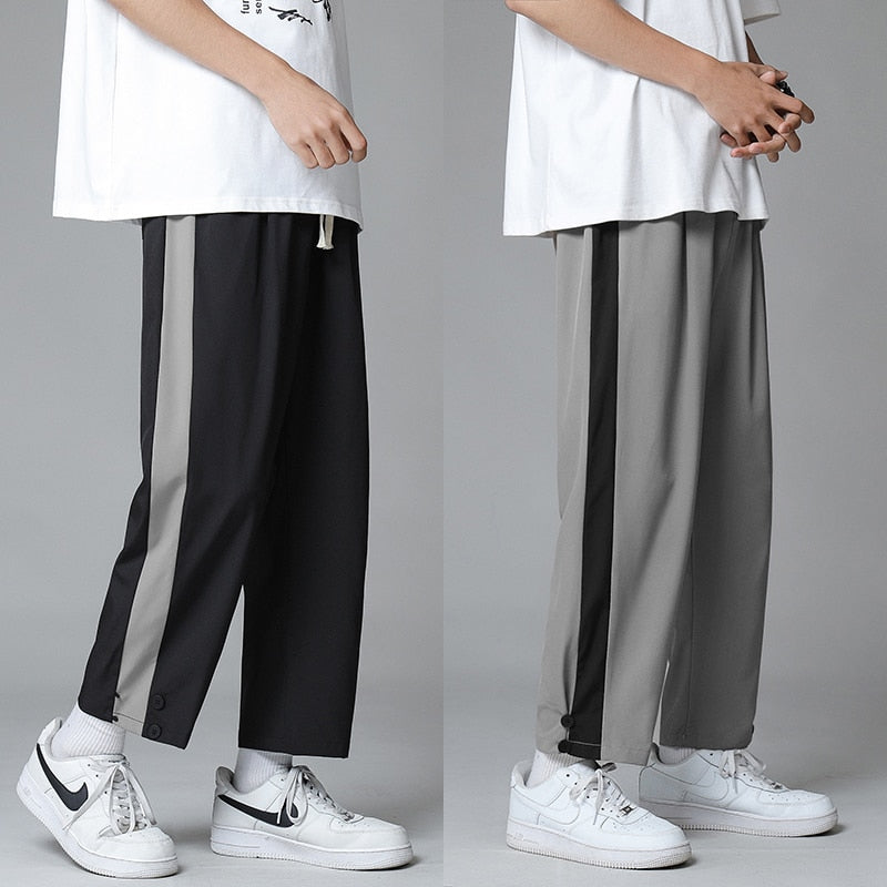 Bonsir Ice Silk Pants Men's Thin Korean Stripe Nine Cent Fashion Loose Straight Sports Hip Pop Casual Pants Male