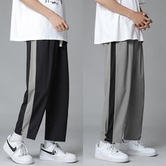 Bonsir Ice Silk Pants Men's Thin Korean Stripe Nine Cent Fashion Loose Straight Sports Hip Pop Casual Pants Male