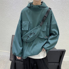 Bonsir Harajuku Solid Color Men Cargo Hoodies Streetwear Casual Hooded Sweatshirts Autumn Winter New Unisex Drawstring Pullovers