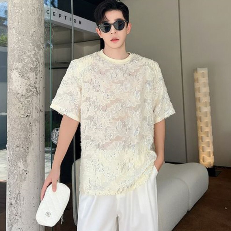 Bonsir High Street Men's Sequin T-shirts Summe New Fashion Niche Design Casual Tee Male Trendy Short Sleeve Tops Korean