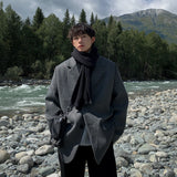 Bonsir Winter Solid Color Woolen Coat Men's Versatile Loose Thickened Turn-down Collar Long Sleeve Grey Woolen Coat Trend