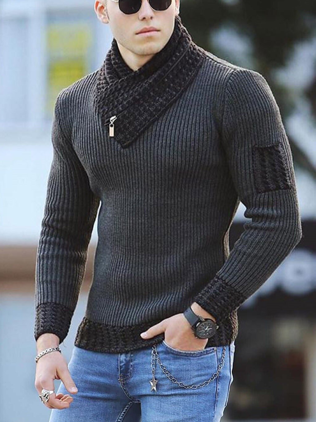 Bonsir Autumn New Men's Pullover Long Sleeve High Neck Sweater Color Matching Trend Sweater