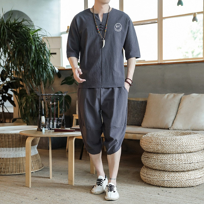 Bonsir Japanese Style Suits Kimono Short-Sleeved T-shirt Pants Two Piece Men Tops Trousers Male Japan Harajuku Yukata Cardigan Costume