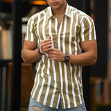 Bonsir Men's Social Shirts Striped Shirt Short Sleeve Tops Fashion Casual Blouse Oversized Tees Shirt Men's Clothing Ropa Hombre