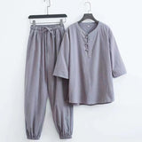 Bonsir Spring Summer New Men's Fashion Casual Solid  Short Sleeve T-Shirt Pant Suit Men High-Quality Cotton And Linen Two-Piece Set 5XL