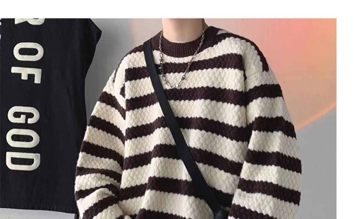 Bonsir Winter Men's Stripe Printing Coats Round Neck Wool Sweater Retro Loose Pullover Fashion Trend Thickened Knitting M-2XL