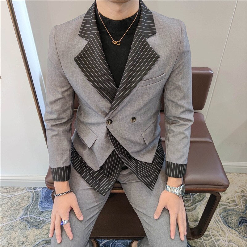 Bonsir Korean Patchwork Suit 2 Piece Suit Blazer Men Suit Set Slim Fit Tuxedo Suit Blazer Suit Men Stylish Blazer Stage Party Club