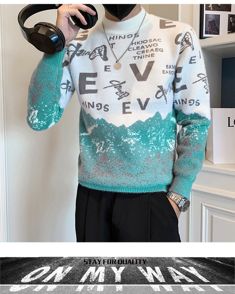 Bonsir Half High Neck Slim Crystal Mink Knitted Sweater Bottomed Shirt For Men Fashion Letter Printing Sweater Mens Pullover Sweater