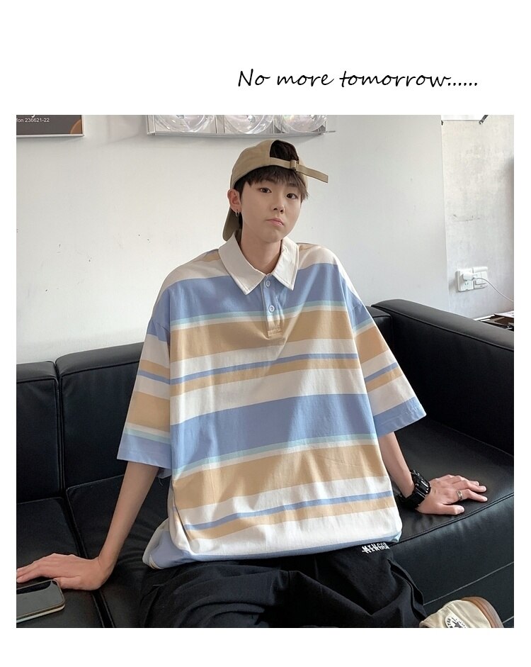 Bonsir Summer Men's Stripe Printing Short Sleeve T-shirt Lapel Collar Cotton Clothes Tshirts Blue/Apricot/yellow Cotton T Shirts