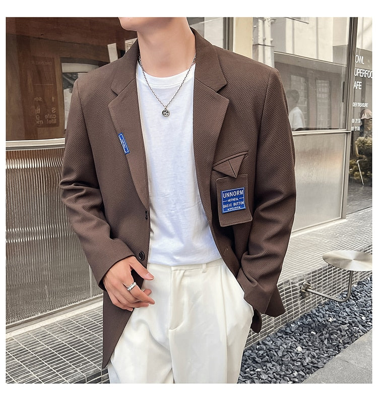 Bonsir Mens Suits Sets Jacket Pant Men Korean Streetwear Office Fashion Loose Casual Blazer Suit Jacket Pant Chic Trend Dress Suits