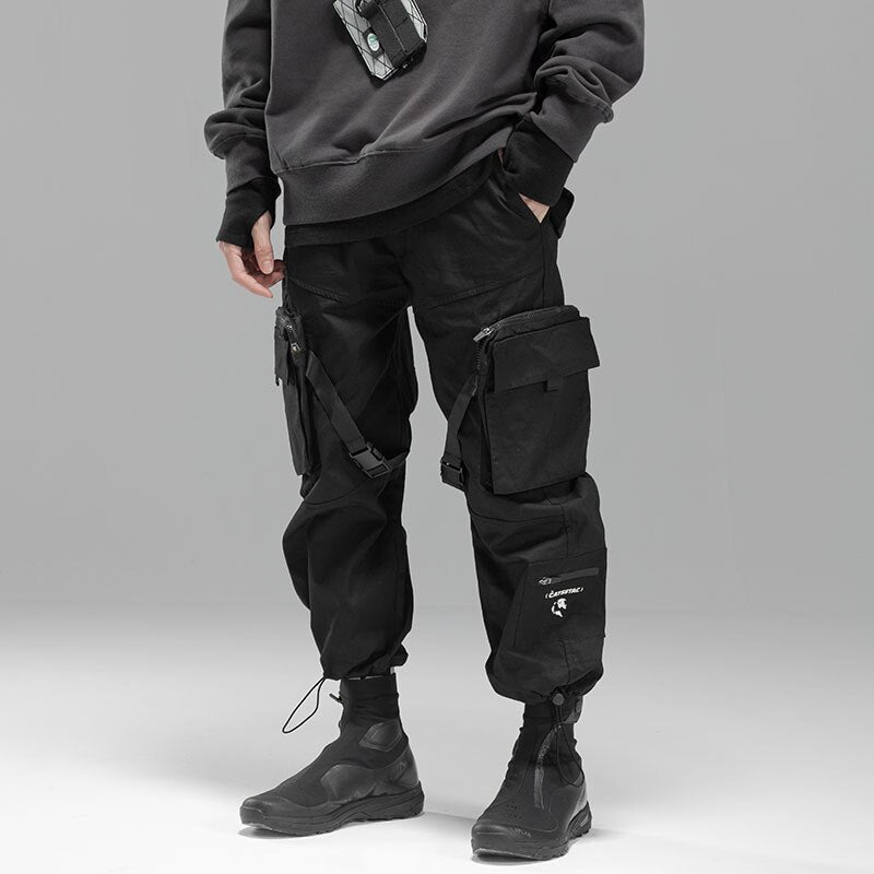 Bonsir Men's Drawstring Pants Side Pockets Loose Techwear Trousers Mechanical Pocket Ribbon Jogger Pants