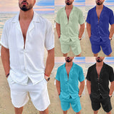 Bonsir Solid Color Cotton Linen Hawaiian Shirt Set Men Summer New Vacation Fashion Lapel Casual Short Sleeve Top Shorts 2pcs Set