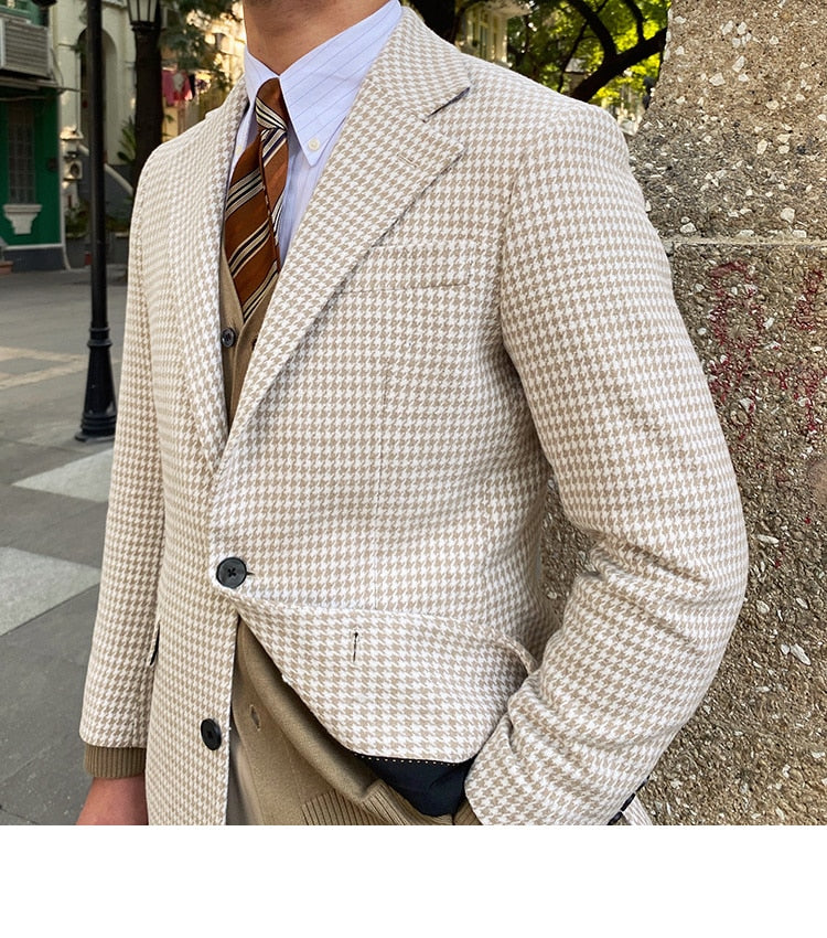 Bonsir British Retro Houndstooth Coat Men Long Warm Jacket Fall Winter Mens Woolen Coat Top Quality Abrigo Largo Hombre Mantel Wolle