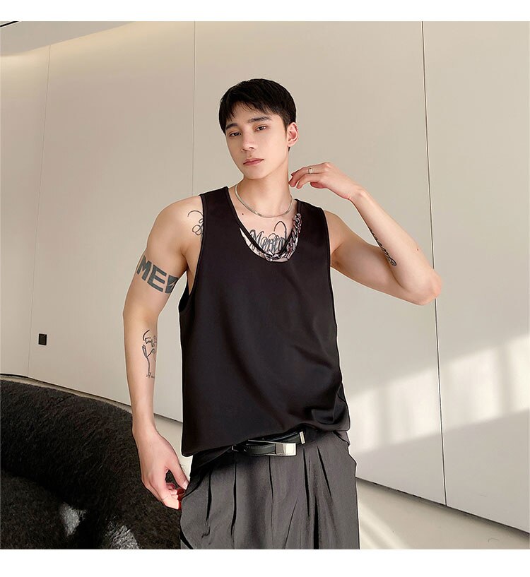 Bonsir Spring Summer Round Collar Chain Casual Sleeveless Vest Korean Style Personality Design Fashion Slim Top Tank Top