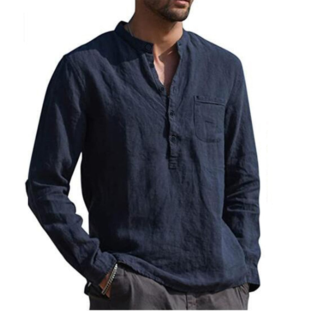 Bonsir Cotton Linen Hot Sale Men's Long-Sleeved Shirts Summer Solid Color  Stand-Up Collar Casual Beach Style Plus Size