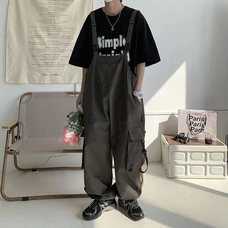 Bonsir  Men's Fashion Oversized Overalls College Style Salopettes Romper Jumpsuit Grey/black Color Casual Pants Loose Work Trousers