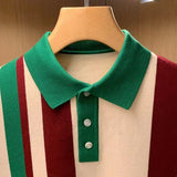 Bonsir Spring Autumn Knitting Polo Shirt Men Casual Turn-down Collar Button Fashion Color Stripe Slim Tops Ice Silk Knitting T-shirts