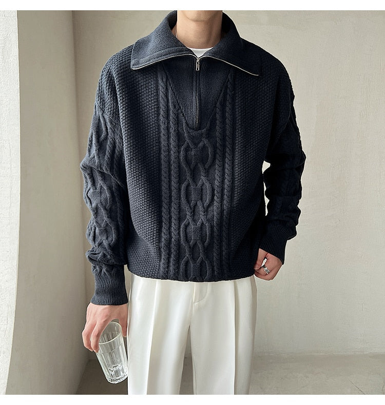 Bonsir High Quality Large Lapel Pullover Sweater Black White Coarse Zipper Knitted Sweater For Men Pull Homme Men Winter Sweater Brand