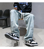 Bonsir Washed Blue Mopping Jeans Men Hiphop Casual Loose Straight Wide Leg Printed Cross Overalls Casual Denim Trousers Four Seasons