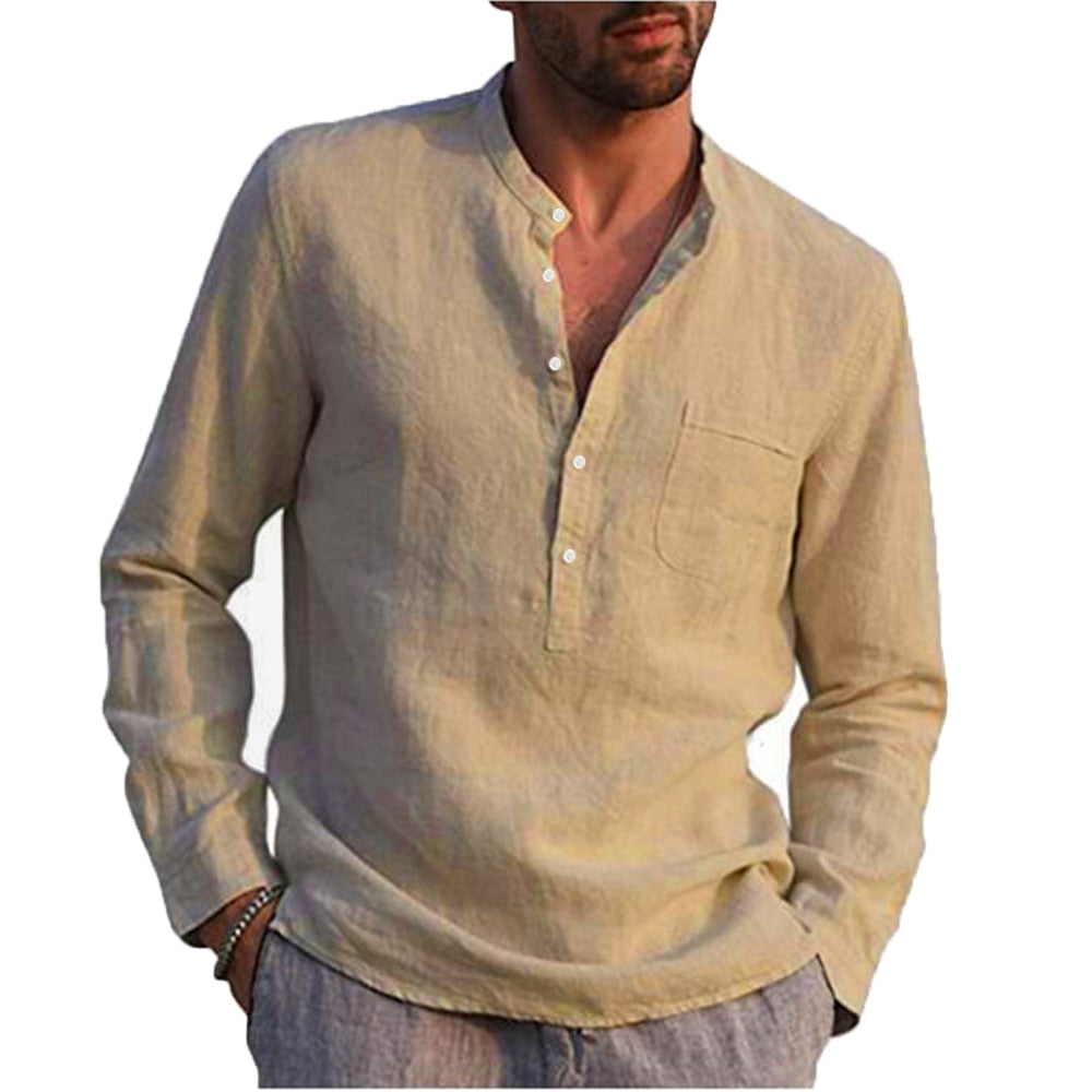 Bonsir Cotton Linen Hot Sale Men's Long-Sleeved Shirts Summer Solid Color  Stand-Up Collar Casual Beach Style Plus Size