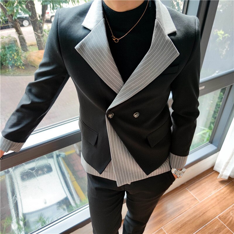 Bonsir Korean Patchwork Suit 2 Piece Suit Blazer Men Suit Set Slim Fit Tuxedo Suit Blazer Suit Men Stylish Blazer Stage Party Club