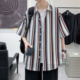Bonsir Summer New Men Shirts Loose Striped Design Short Sleeve Korean Style Button Social Blouse 4XL 5XL
