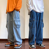 Bonsir Wide Leg Cargo Pants Autumn New Streetwear Baggy Hip Hop Jeans Big Pockets Men Korean Fashion Loose Straight Male Clothing Blue