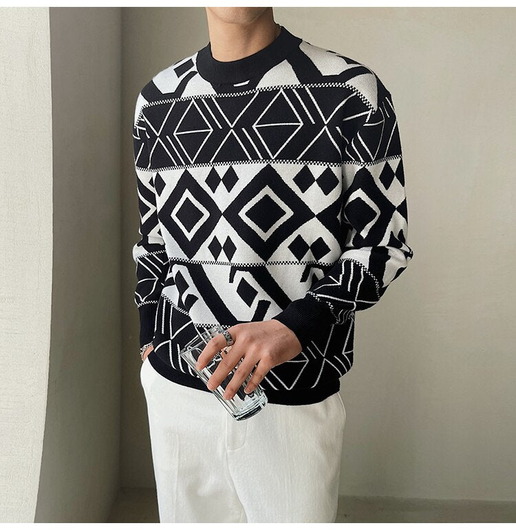 Bonsir  Korean Style Fashion Diamond Printing Sweater Mens Pullover Sweater Pull Homme Autumn Sweater For Men Knitted Round Neck Sweater